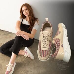 Able Cady Beige Leather Sneakers 9 | Neutral Woven Tweed Detail, Chunky Sole